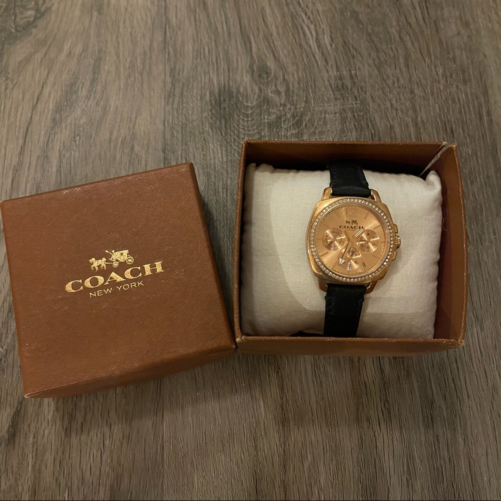 Coach Womens Watch Boyfriend Small Rose Gold Plated w/ Black Leather Band